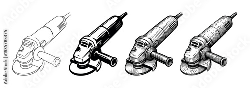 Angle grinder power tool illustration set showing a progression of graphic techniques from simple outline to detailed hatching and stippling in a monochrome design