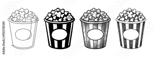Four black and white popcorn buckets in different artistic styles, including line art, silhouette, engraving, and stippling, arranged in a row as a design element set