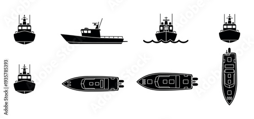 Set of eight black boat and ship icons showing various watercraft like a fishing trawler and motorboats from front, side, and top-down views in a simple silhouette style
