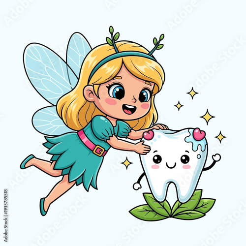 Cute Tooth Fairy Cartoon Illustration – Magical Fairy Girl with Happy Tooth Character