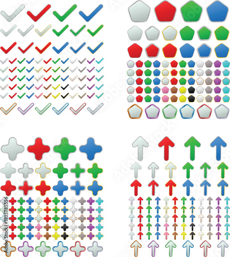 Collection of colorful checkmarks pentagons crosses and arrows