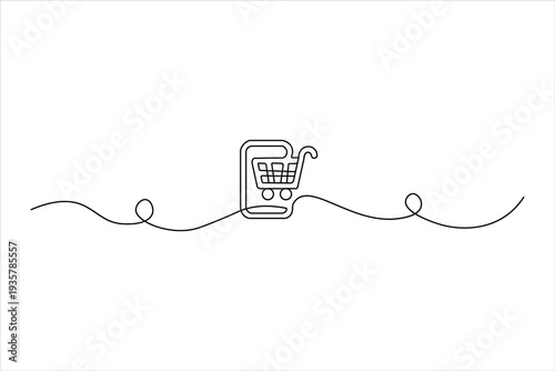 Minimalist one line art of a shopping cart inside a smartphone. Modern e-commerce, mobile retail, and digital shopping concept on white background.