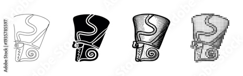 Four ancient Egyptian double crowns illustrated in different artistic styles including continuous line art, silhouette, vintage engraving, and modern halftone dot pattern