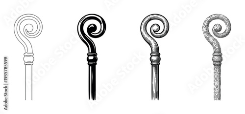 Set of four bishop's crosiers illustrated in different artistic styles including line art, silhouette, engraving, and stippling for religious or historical concepts