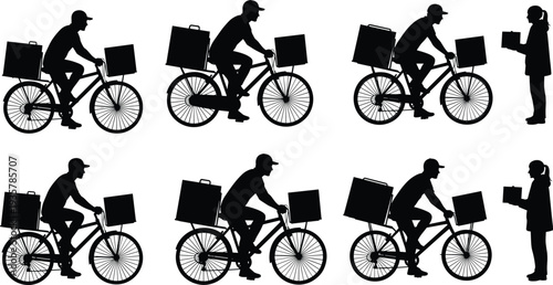Bicycle delivery man silhouette set carrying boxes on bike and handing over package to a female customer on white background