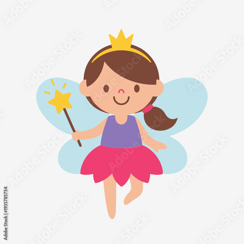 Cute Fairy Princess Cartoon Illustration – Magical Girl with Wand Vector Icon