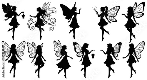 Fairy Silhouette Set – Magical Winged Pixie Characters Vector Illustration Collection