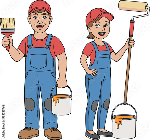 Professional painters holding brush, roller and paint bucket, male and female decorator cartoon characters, home renovation service vector illustration isolated on white