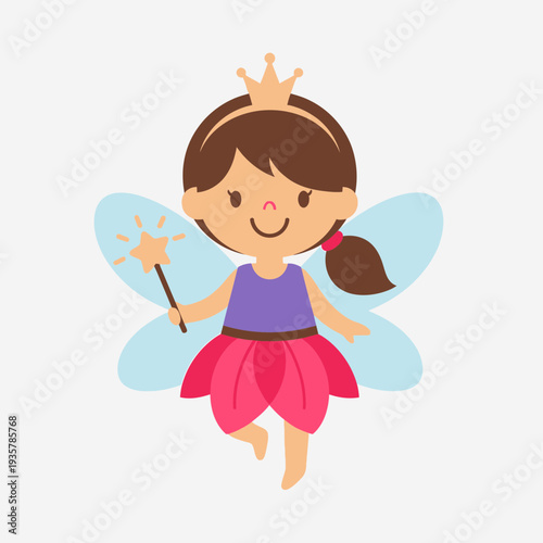 Cute Fairy Princess Cartoon Illustration – Magical Girl with Wand Vector Icon
