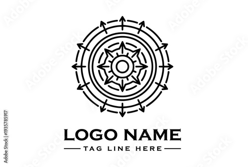 Explosion of creativity depicted in a stylized logo design featuring a starburst within concentric circles and arrows on a white background.