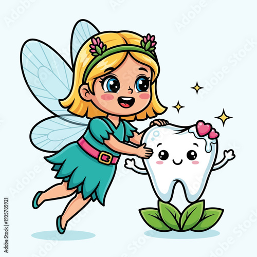 Cute Tooth Fairy Cartoon Illustration – Magical Fairy Girl with Happy Tooth Character