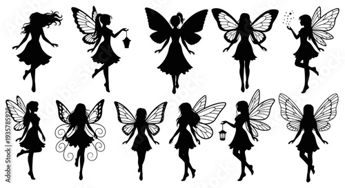 Fairy Silhouette Set – Magical Winged Pixie Characters Vector Illustration Collection