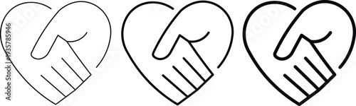 A black and white icon showing two hands shaking inside a heart shape, representing partnership, love, and support, with varying line thicknesses.