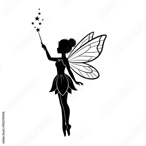 Fairy Silhouette with Magic Wand – Elegant Winged Pixie Fantasy Vector Illustration