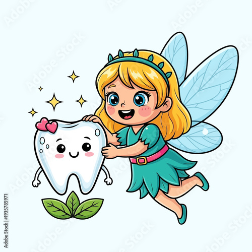 Cute Tooth Fairy Cartoon Illustration – Magical Fairy Girl with Happy Tooth Character