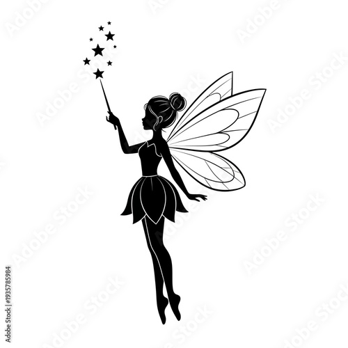 Fairy Silhouette with Magic Wand – Elegant Winged Pixie Fantasy Vector Illustration