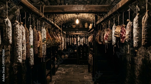 Artisanal Cured Meat and Sausages Hanging in Rustic Stone Cellar