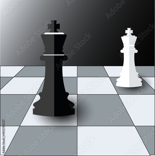 Black and white chess kings on a grey chessboard in a minimalist flat design style.