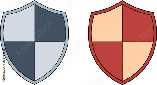 Two graphic shields with quartered designs, one in gray tones and the other in red and beige.