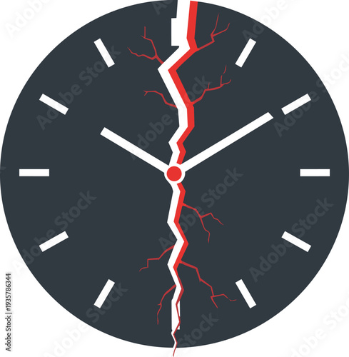A dark grey clock face with white hands and markers, split down the middle by a jagged red and white crack, symbolizing broken time or a critical moment.