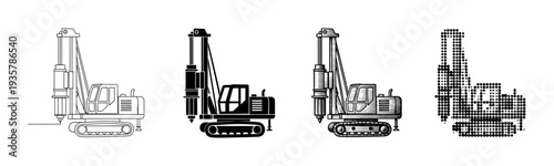 Set of four drilling rig machine icons in different graphic styles including outline, silhouette, engraving, and halftone for construction industry design elements