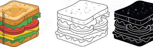 Sandwich illustration set with color, outline and silhouette styles, stacked bread with vegetables and cheese, fast food snack vector design