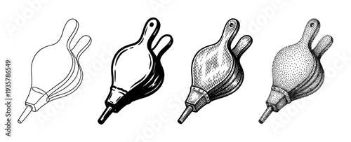 Rubber air blower pump tool illustrated in four different black and white vintage styles, including line art, solid ink, detailed engraving with hatching, and stippling dotwork