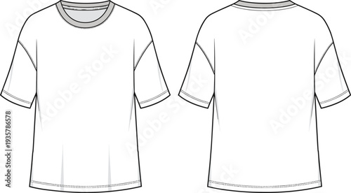 White oversized tshirt technical fashion sketch, short sleeve unisex tee cad drawing flat vector illustration, casual basic clothing design template