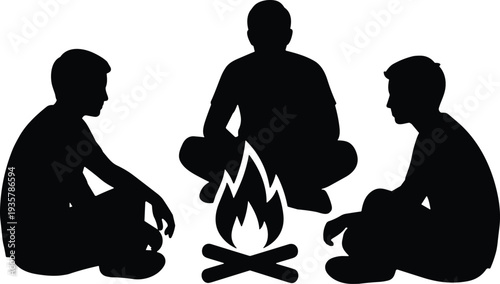 Friends sitting around campfire silhouette, group of men camping outdoors at night, black vector illustration isolated on white background for adventure design