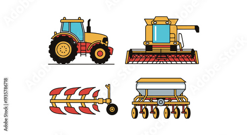 Farm machinery set Line art clean modern color illustration