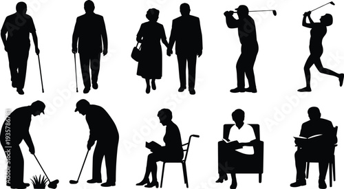 Senior people lifestyle silhouette set with elderly couple walking, playing golf, reading books and daily activities isolated on white background
