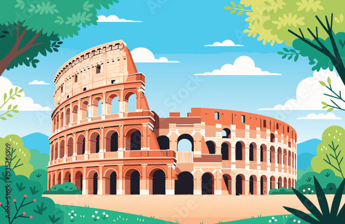 Ancient Roman architecture shines in this famous stone monument, the historic Colosseum amphitheater in Rome, Italy, a landmark travel destination featuring gladiator history and ruinous beauty.