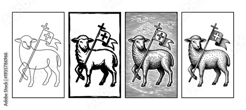 Collection of four Lamb of God illustrations in black and white, featuring different artistic renderings from simple outline to detailed engraving and stippling for a vintage feel