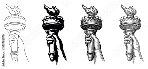 Set of four hand-drawn torch illustrations held by a hand, showcasing various techniques like continuous line, ink wash, woodcut hatching, and dotwork stippling