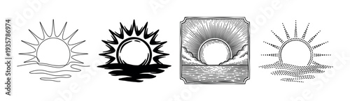 Set of four black sun illustrations rising over water, showcasing diverse artistic styles including minimalist line art, bold silhouette, vintage engraving, and modern stippling