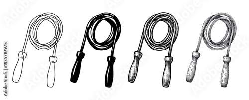 Set of four jump ropes illustrated in various artistic styles including line art, silhouette, vintage engraving, and stippling for fitness and exercise concepts