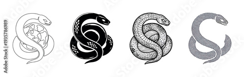 Set of four snake illustrations coiled around the planet Earth shows different artistic styles including line art, silhouette, detailed engraving, and stippling for symbolic design