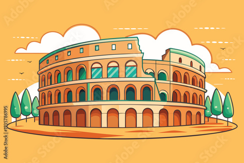 Ancient Roman architecture shines in this famous stone monument, the historic Colosseum amphitheater in Rome, Italy, a landmark travel destination featuring gladiator history and ruinous beauty.