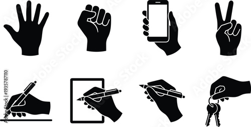 Black hand gesture silhouette icon set showing open palm, fist, holding smartphone, peace sign, writing pen, signing document, and holding keys