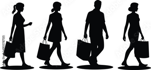 Shopping people silhouettes set with women and man carrying bags, black vector illustration of retail customers isolated on white background