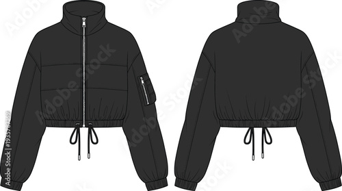Black cropped puffer jacket technical fashion sketch, zip up bomber coat cad drawing flat vector illustration, streetwear outerwear clothing template