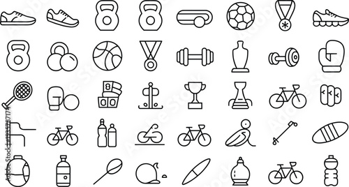 Sport and fitness outline icons set, gym equipment and athletic activity symbols line vector collection isolated on light background