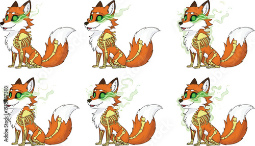 Cute cartoon fox skeleton set, undead animal with glowing green eyes and ghostly aura, spooky halloween creature character design collection