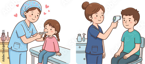 Friendly nurse checking child temperature and measuring patient fever with thermometer medical clinic healthcare checkup cartoon vector illustration