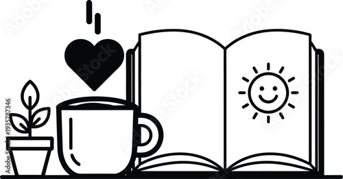 An illustration of a heart, coffee cup, and plant beside an open book with a sun on a table indoors.
