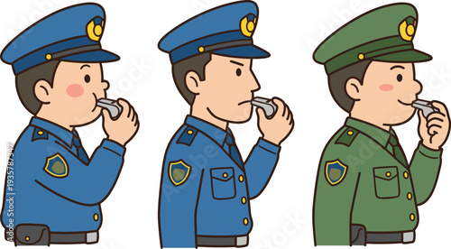 Cartoon police officer blowing whistle, security guard character set in blue and green uniform, law enforcement safety illustration isolated
