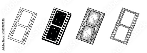 Four film strip segments in various artistic styles including line art, solid black, engraving, and stippling, representing cinema, photography, and creative media concepts
