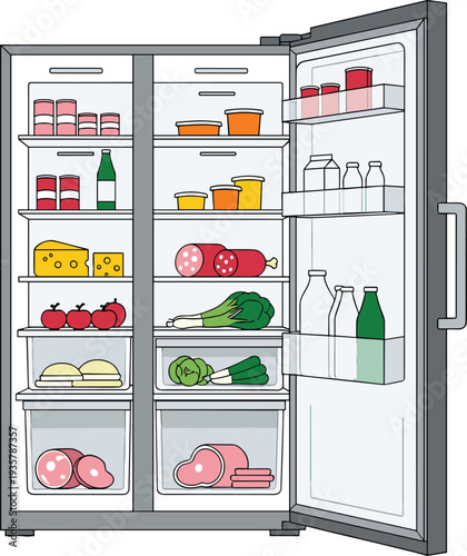 Open refrigerator with food products kitchen appliance vector illustration