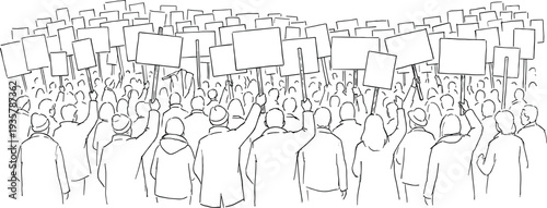 Large crowd of protesters holding blank protest signs during public demonstration rally social activism movement concept line art illustration