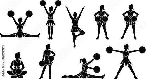 Cheerleader silhouette set with pom poms performing dance poses, energetic cheerleading team action collection isolated vector illustration on white background